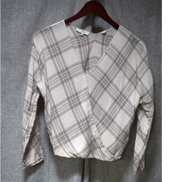 Vince Plaid Wrap Blouse in Taupe and Gray – Size XS - Picture 1 of 3